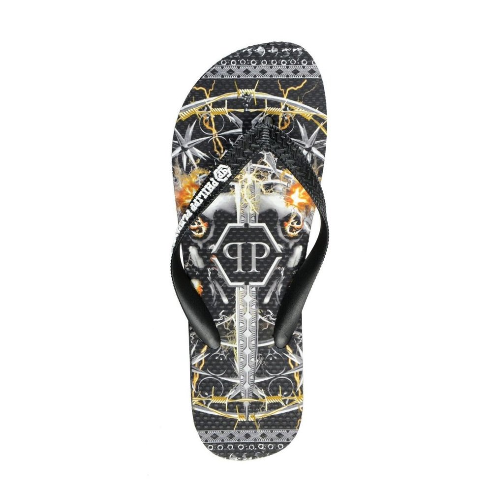 Philipp Plein Black/Multi Rubber Logo Print Flip Flops Shoes